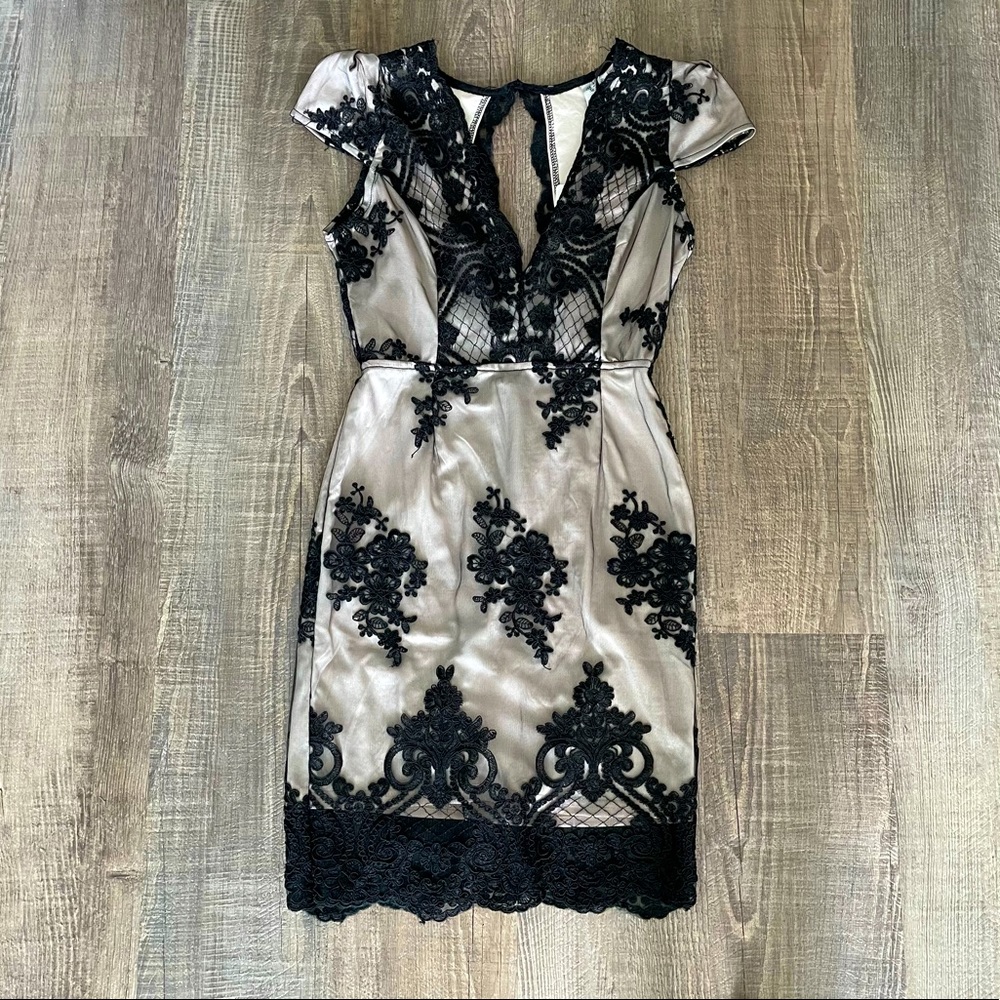 Nude (/gold) black lace dress.